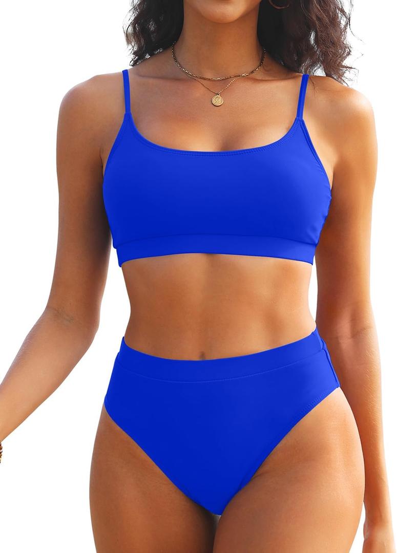 Tempt Me Women High Waisted Bikini Set Athletic Two Piece Swimsuits Sporty High Cut Bathing Suit with Scoop Neck (X-Small, Royal Blue)