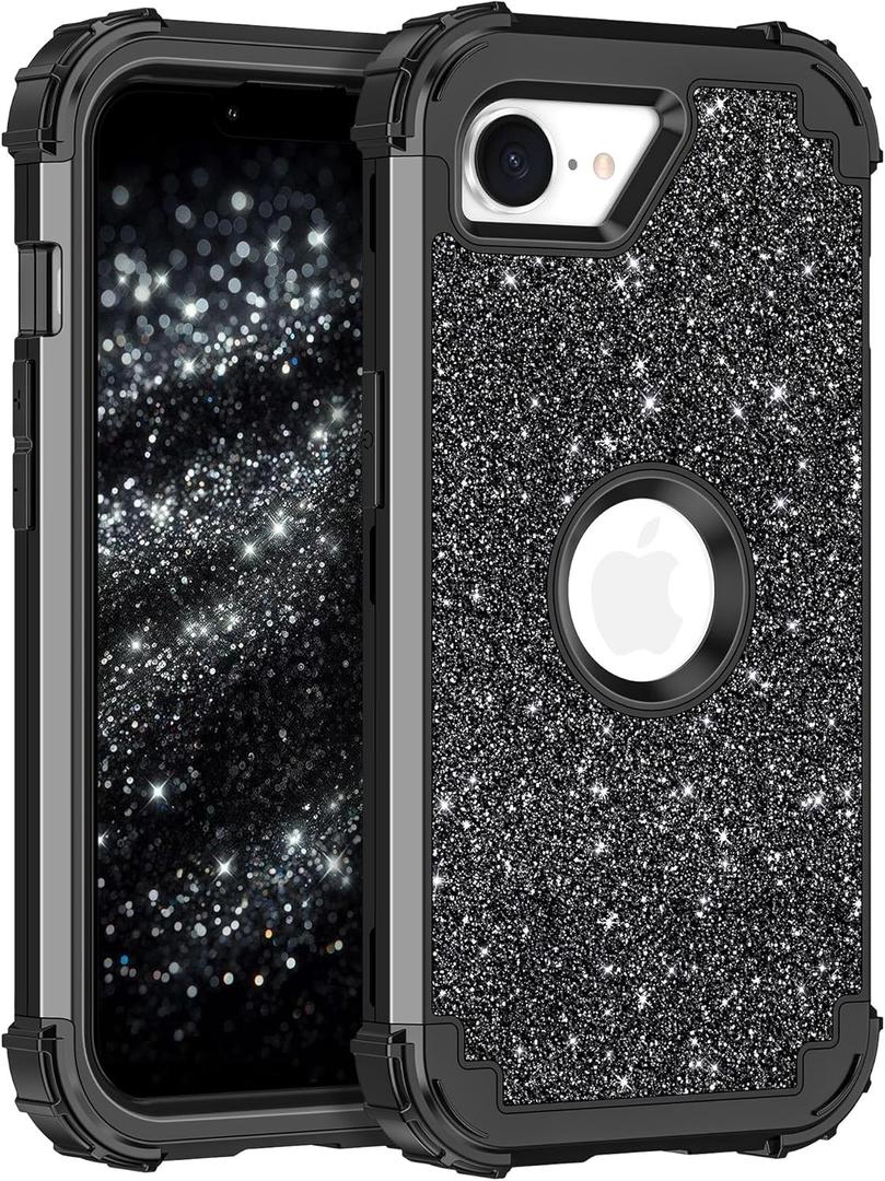 LONTECT for iPhone 16e Case Glitter Sparkly Bling 3 in 1 Shockproof Heavy Duty Hybrid Sturdy High Impact Protective Cover Case for Apple iPhone 16e 6.1 inch 2025,Black