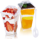 JOLLY CHEF 100 Pack 3 oz Mini Dessert Cups with Spoons and Lids, Square Tall Clear Plastic Parfait Appetizer Cup Small Serving Bowl for Party Desserts