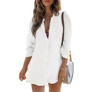 Womens Beach Cover Up Button Down Shirts Summer Cotton Gauze Tops Long Sleeve Bikini Swimsuit, M