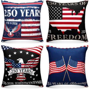 Hahafelt 4 Pcs 250th Anniversary Patriotic Pillow Covers 18 x 18 Inch 4th of July Patriotic Pillow Covers Memorial Day Throw Case America Flag Stars Stripes Cushion Case for Memorial Home Sofa Decor