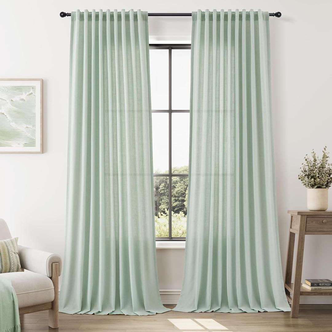 Nanspring Extra Long Textured Linen Curtains for Living Room 108 Inch Length 2 Panels Set Privacy Translucent with Light Filtering Elegant Semi Sheer Drapes for Bedroom Aqua Green W52 x L108
