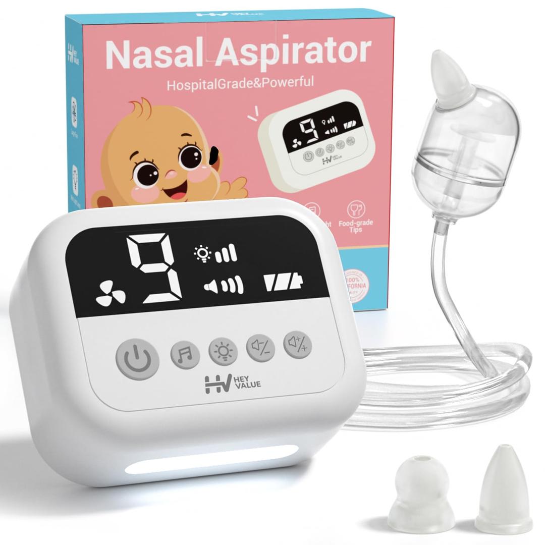 HEYVALUE Nasal Aspirator for Baby, Hospital Grade Nose Sucker with 9 Levels Suction, Night Light and Nursery Rhyme Soothing Function, Electric Nose Suction for Baby with Food-Grade Silicone Tips (White)