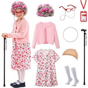 100 Days of School Costume for Girls, Old Lady Costume for Kids, Granny Grandma Dress Up (5-7yr, Pink-set 2)