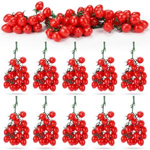 Ripeng 10 Pack Artificial Cherry Tomatoes 7.09" Long Artificial Fruit Lifelike Simulation Tomato Red Tomatoes Decoration Fake Tomato Faux Fruit Fake Vegetables Props for Home Kitchen Cabinet Decor