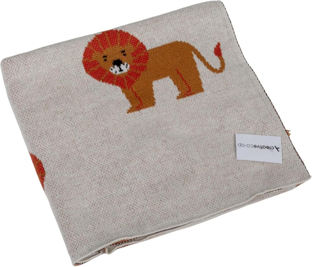 Creative Co-Op Cotton Knit Baby Blanket with Lions, 40" L x 32" W