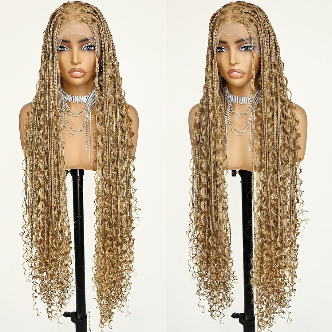 FABELLE Honey Blonde Wig Single Full Lace Braided Wig Synthetic Hair 36Inch Boho Knotless Braided Wigs No Smell Wig Tangle-Free Wig