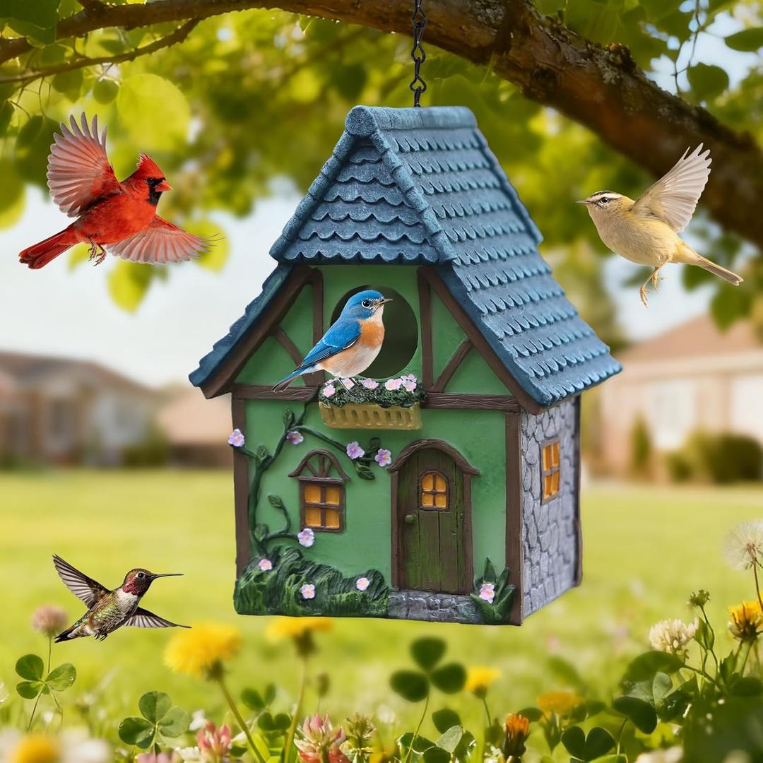 Bird Houses for Outside Cottage Garden Birdhouse Green Resin Birdhouses for Outdoors with Flower and Stone Details for Bluebird Finches Cardinals Bird Nesting Garden, Patio, Yard