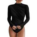 SweatyRocks Women's Bodysuit Mock Neck Casual Ruched Long Sleeve Jumpsuit Black M