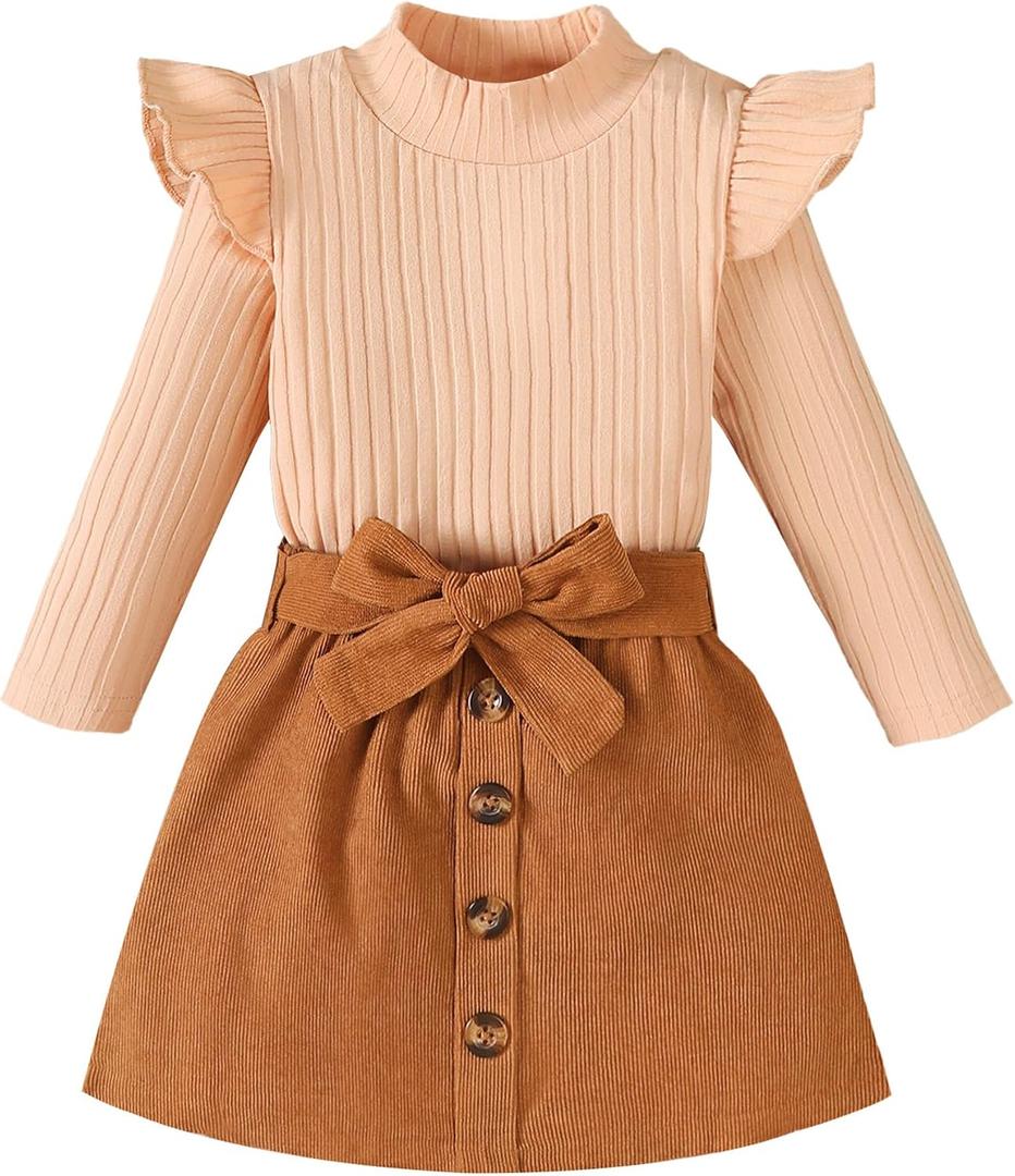 Baby Girl Clothes Sets: 2 Piece Ruffle Sleeve Tops Mini Skirts Sets Fall Winter Outfits for Toddler 9 Months-5 Years