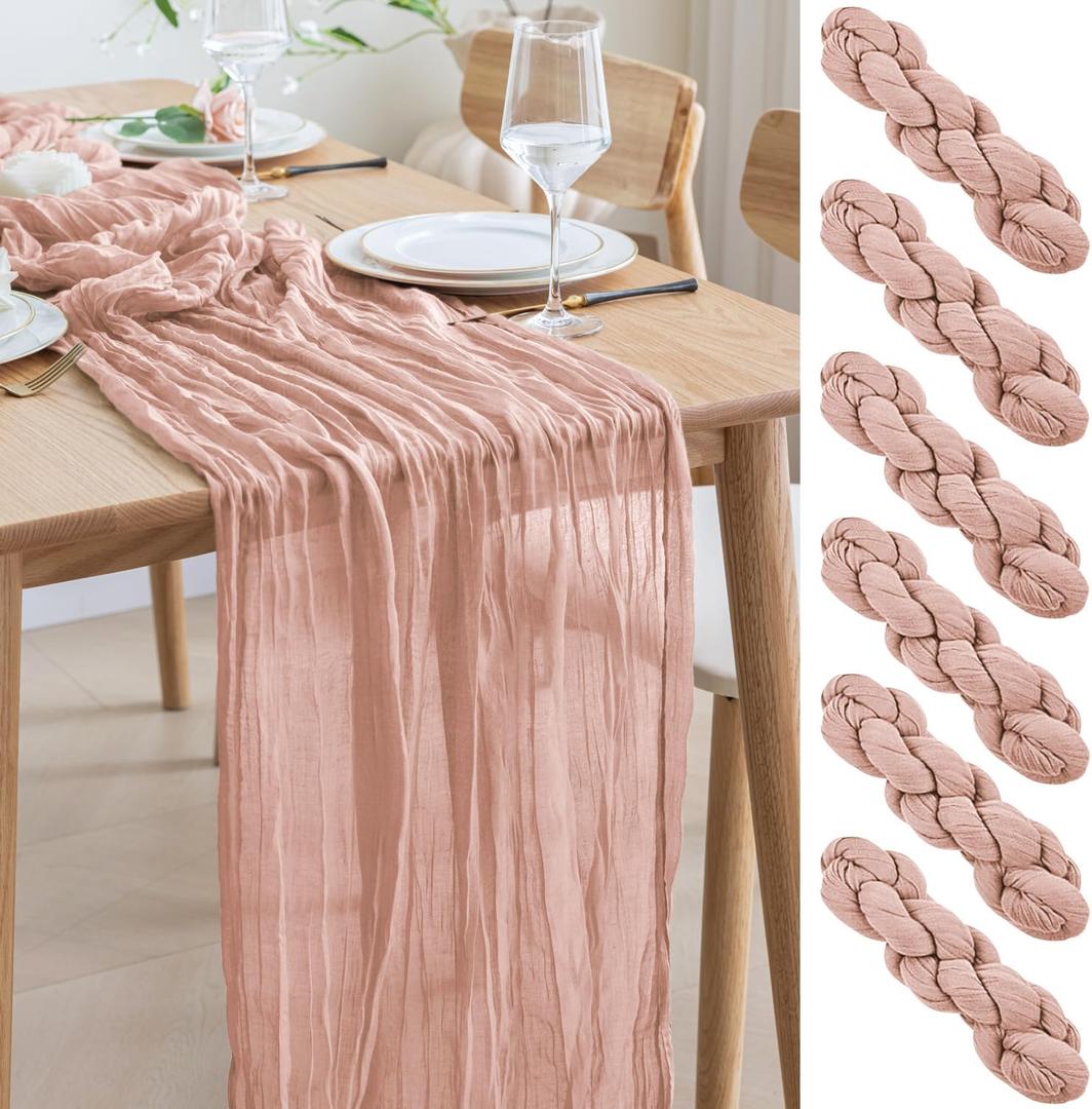 Asee'm 6pcs Cheesecloth Table Runner 120 Inches Dusty Pink Boho Gauze Cheese Cloth Runner 10FT Rustic Sheer Table Runners for Summer Wedding Baby Shower Holiday Party Decoration