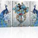 DekHome 3 Pieces Blue Peacock Canvas Wall Art Elegant Flower Bouquet Vase Giclee Wall Art Peacock Picture Paintings Stretched and Framed Vintage Home Office Living Room Bedroom Decor 16"x24"x3pcs