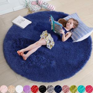 Navy Blue Round Rugs 5Ft for Boys Bedroom, Fluffy Circle Area Rug for Kids, Living Room Decor Aesthetic, Shag Fur Throw Royal Dark Blue Carpet for Baby Nursery, Shaggy Thick Fuzzy Floor Carpets