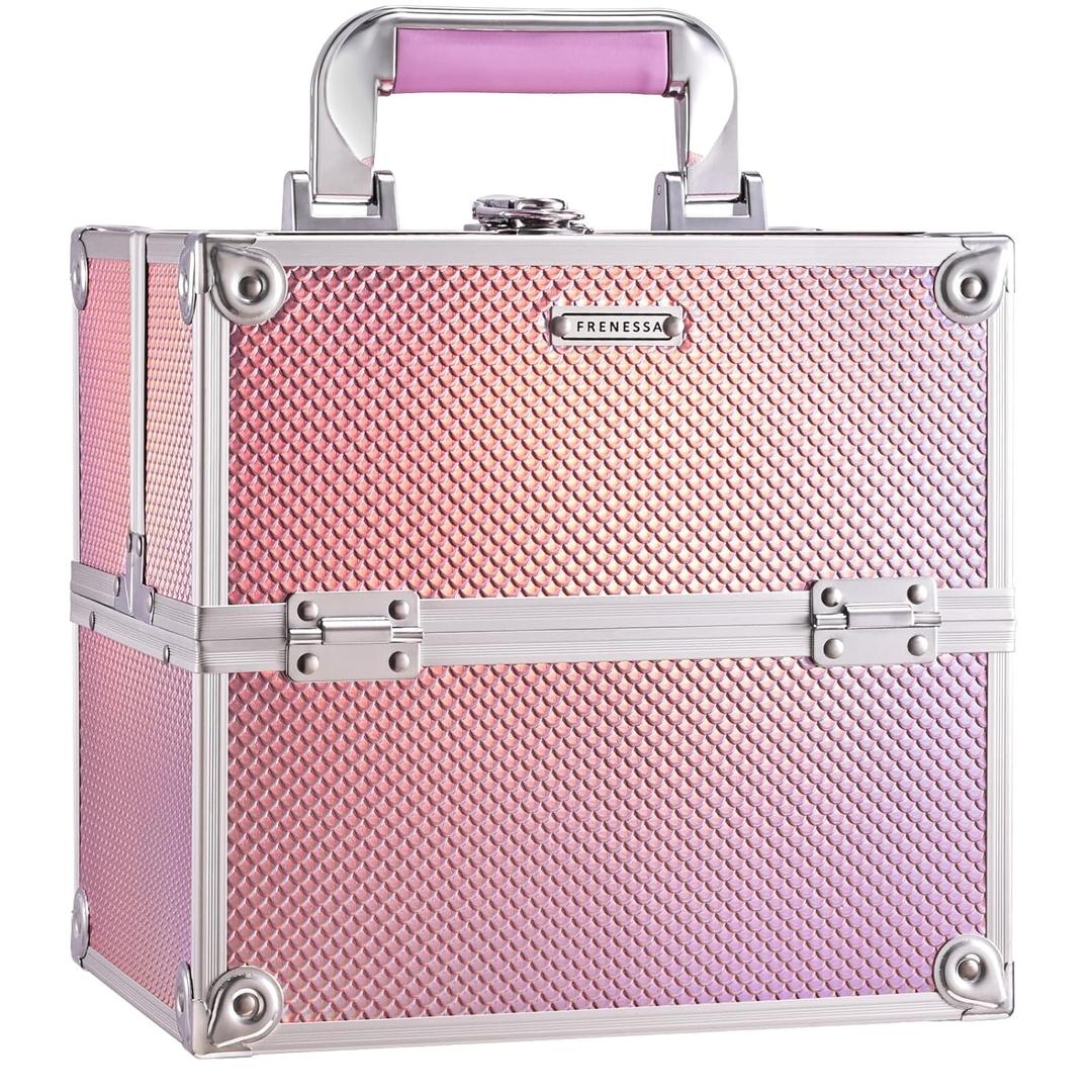Frenessa Makeup Case Makeup Box Cosmetic Organizer Case Portable Make Up Artist Travel Case Storage Box 4 Trays with Dividers Lockable Hard Train Case Nail Tech Supply Storage, Mermaid Pink