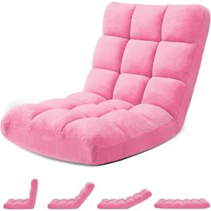 Folding Floor Gaming Chair 14-Poistion Cushioned Adjustable Floor Lazy Sofa Chair w/Breathable Cotton & Skin-Friendly Coral Velve for Adults & Kids Perfect for Reading Gaming Meditating, Pink