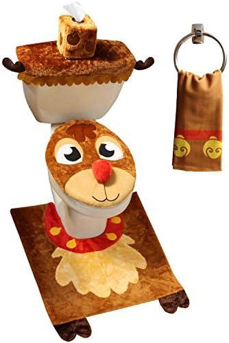 JOYIN 4 Pieces Christmas Theme Bathroom Decoration Set w/Toilet Seat Cover, Rugs, Tank Cover, Toilet Paper Box Cover and Santa Towel for Xmas Indoor Décor, Party Favors (Reindeer)
