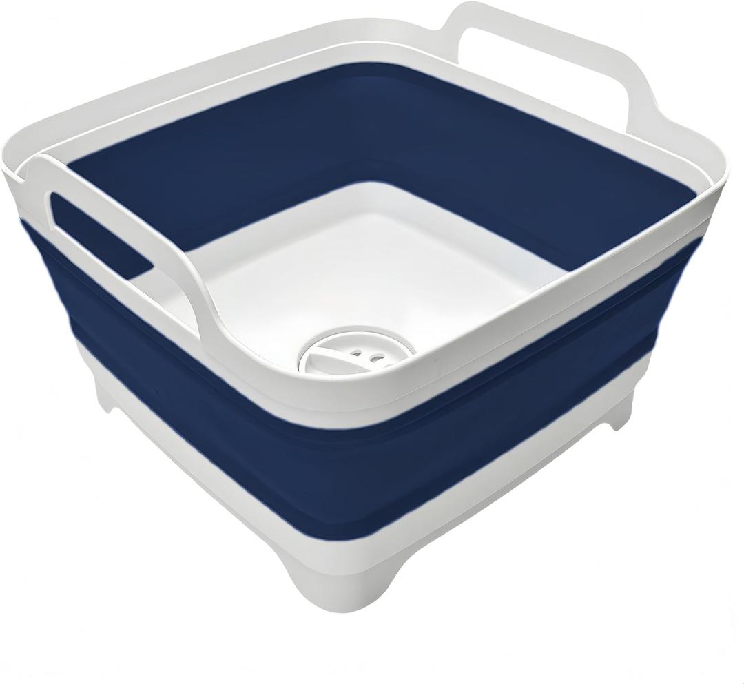 Collapsible Wash Basin 9L, Foldable Dish Tub with Drain Plug, Portable Collapsible Dish Basin, Camping Sink for Washing Dishes, Laundry & Kitchen Use (Navy Blue)