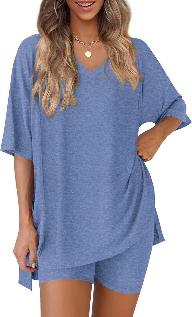 PRETTYGARDEN 2 Piece Sets for Women Summer 2026 Lounge Short Set Spring Matching Biker Shorts V Neck Oversized Shirt Clothing (Blue, XL)