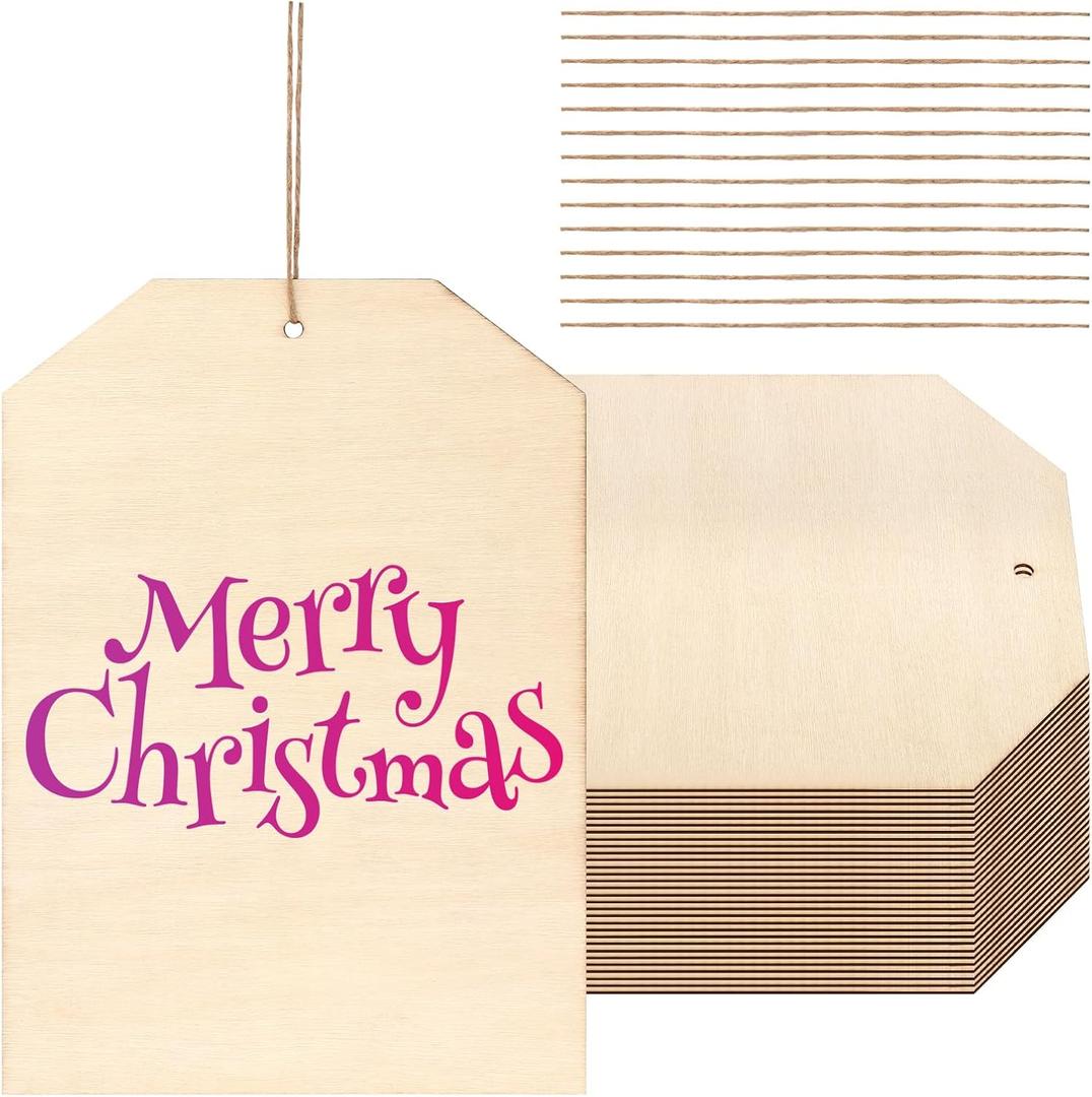 SHEUTSAN 30PCS Wooden Tags, 9.8 x 7 Inch Wood Hanging Tags with Hole and Hemp Rope, Unfinished Blank Wood Signs, Name Tags for DIY, Decor, Festival