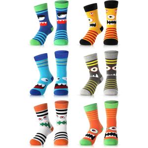 Jinei 6 Pairs Boys Monster Pattern Socks Kids Toddler Funny Crazy Cotton Crew Socks Novelty Christmas Gift Party Favors, 4-7 Years