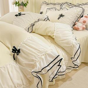 IHOUSTRIY Cream Duvet Cover Queen Size, Ruffle Beddding Set with Bowtie, 3 Pieces Comforter Cover Set with Zipper Closure, Girl Bedding with Pillowcase - Cream Yellow, Queen