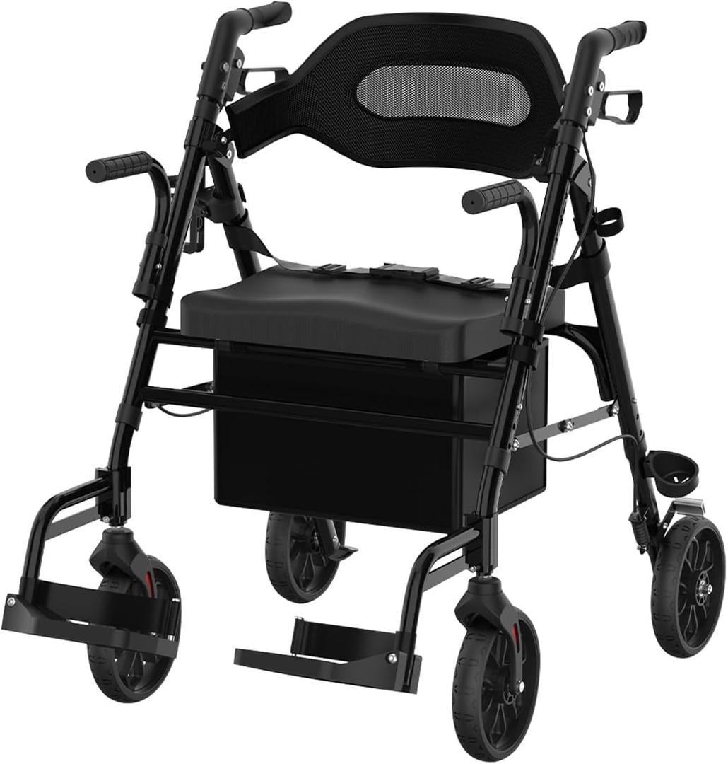 Walkers for Seniors with Seat, Extra Wide 2 in 1 Rollator Walker & Transport Chair with Reversible Backrest & Detachable Footrests, Foldable Wheelchair Combo with 8" Anti-Slip PU Wheels, Black