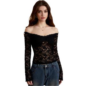 Women's Floral Lace T Shirt Off The Shoulder Long Sleeve Sheer Party Club Crop Tops (Black, M)