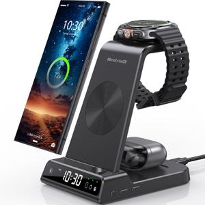 Wireless Charger for Samsung Charging Station: 3 in 1 Android Charging Stand with Dimmable Clock - Nightstand Organizer for Galaxy S25 Ultra, Galaxy Watch 8 7 6 5 4, Galaxy Buds, Space-Saving Charger