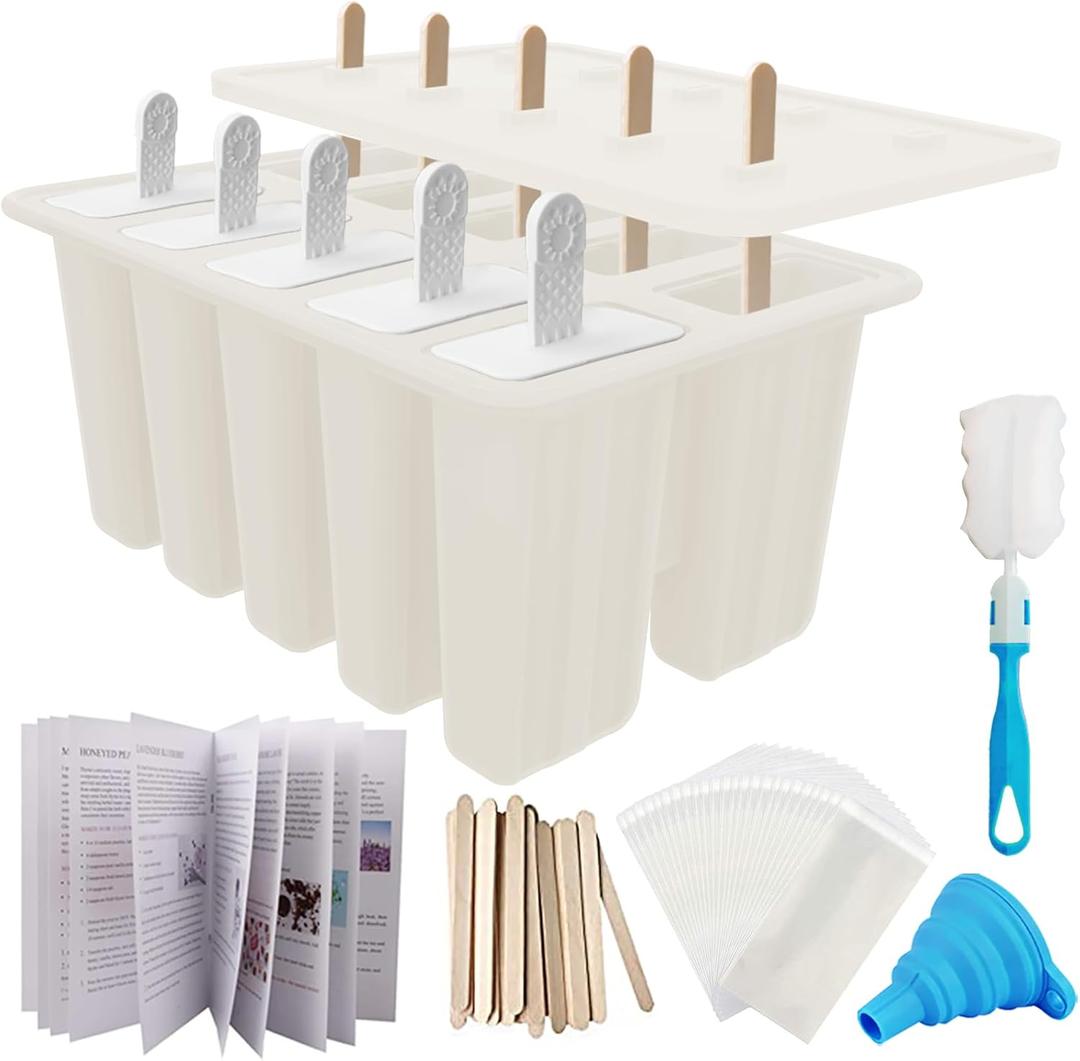 Miaowoof Homemade Popsicle Molds, 10-Cav Non-BPA Silicone Ice Pop Maker, with 50 Sticks, 50 Bags, 10 Reusable Sticks, Funnel, Brush and Ice Pop Recipe (White)