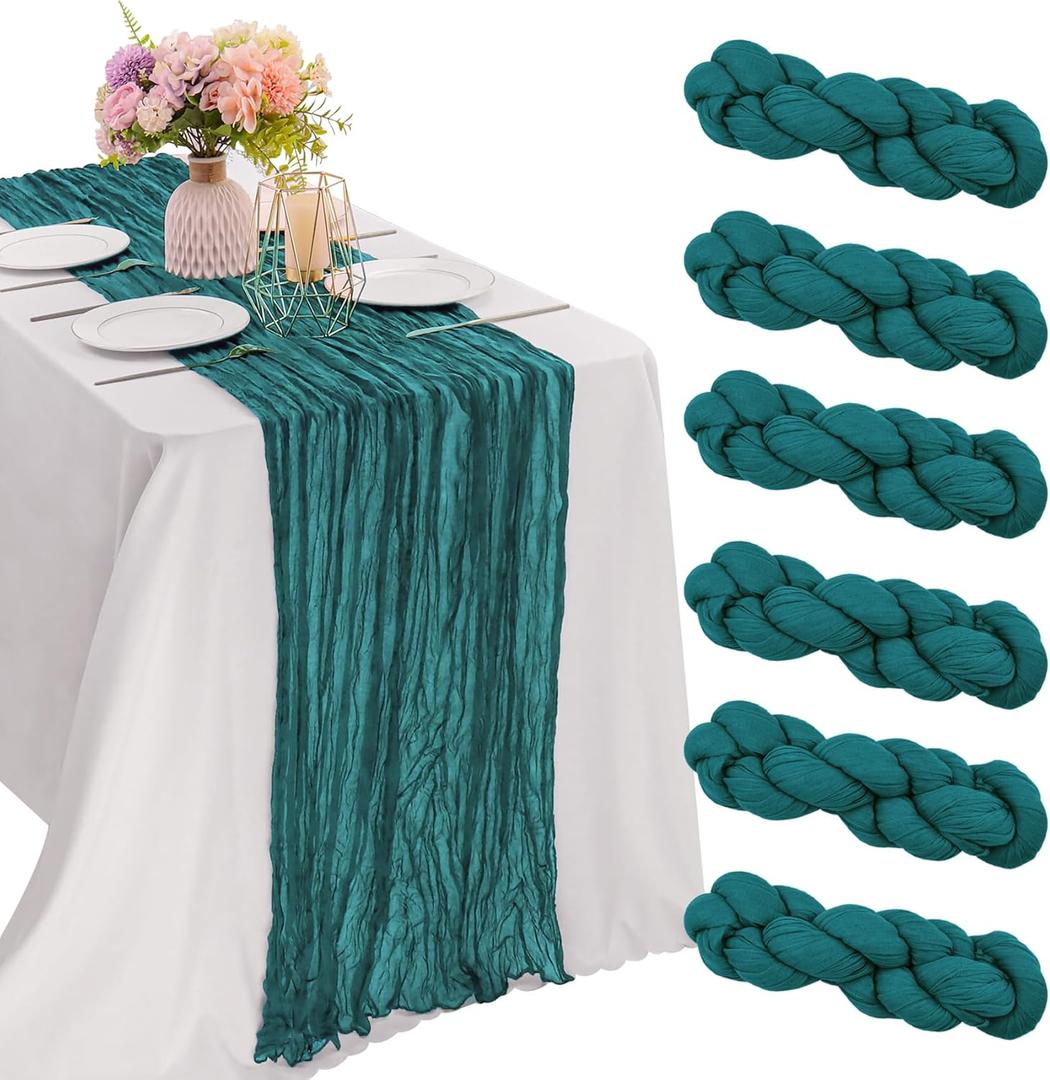 6 Pieces Teal 10FT Cheesecloth Table Runner Boho Gauze Fabric Table Runner Rustic Sheer Runner for Wedding Birthday Baby Shower Party Boho Table DecorationTeal (35" x 120"-6 Pack)