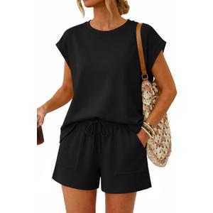 ATHMILE Womens Two Piece Crew Neck Short Sets Cap Sleeve Drawstring Spring Summer Sweatsuit with Pocket Beach Vacation M