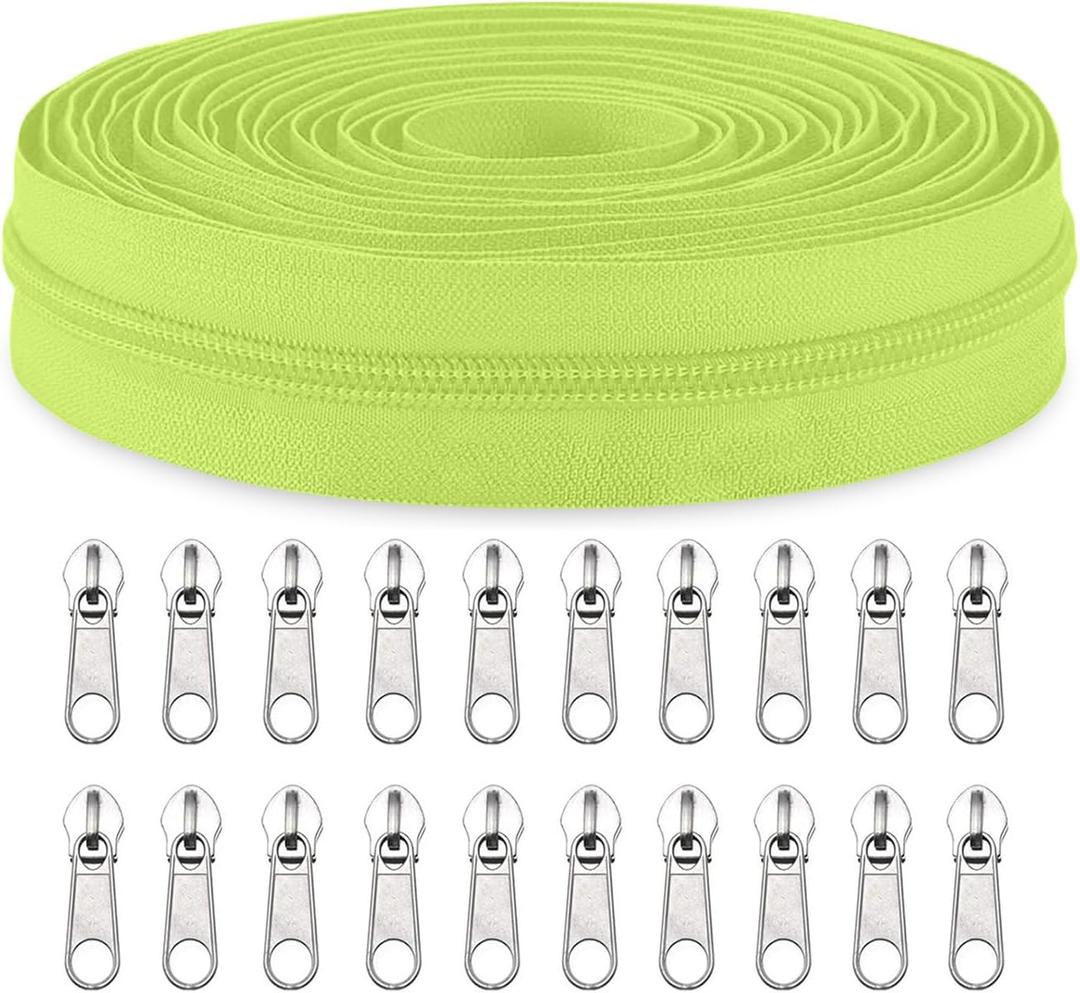 Sawoake #3 Nylon Coil Zippers by The Yard Bulk 10 Yards with 20pcs Zipper Sliders for DIY Sewing Tailor Craft Bag Garment Home Textile(AppleGreen)