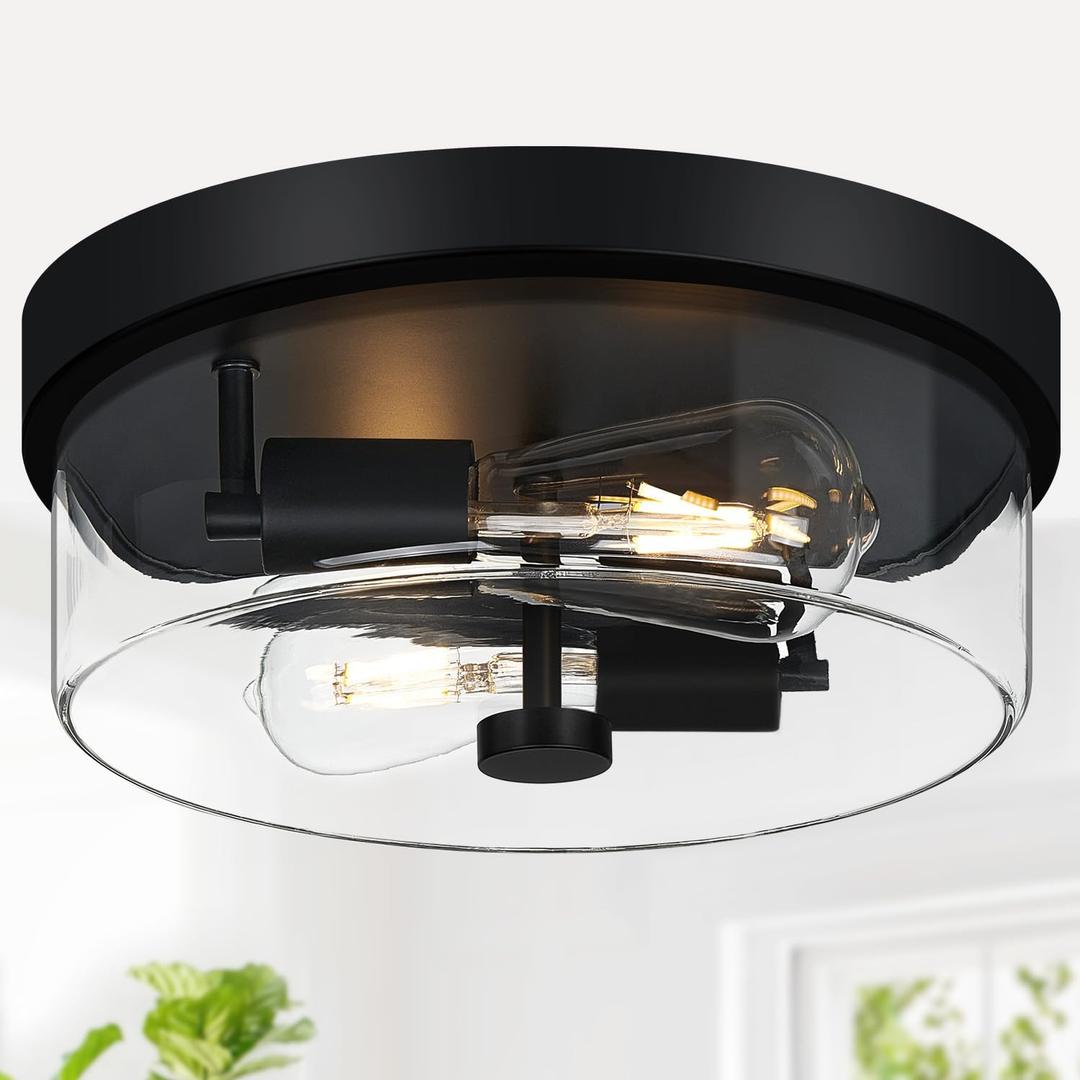 Szzgco Flush Mount Ceiling Light Fixtures, 2-Light Black Ceiling Mount for Farmhouse with Clear Glass Lampshade, Industrial Flush Mount Light Fixture for Hallway, Kitchen, Entryway and Foyer