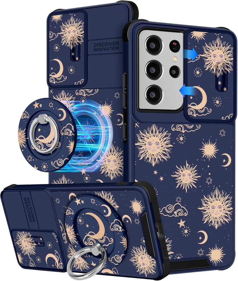 Buleens for Samsung Galaxy S21 Ultra Case 6.8 Inch - with Ring Stand & Camera Cover Aesthetic Cute Designed Women Girls Girly Sun Moon Stars for Samsung S21 Ultra 5G Case Compatible with Magsafe