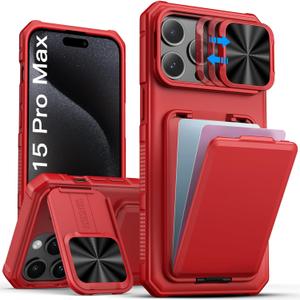 SSLOTSCASE for iPhone 15 Pro Max Case with Credit Card Holder & Stand & Slide Lens Cover & Kickstand, Multi Functional Wallet Sturdy Protective Phone Case Cover for iPhone 15 Pro Max 6.7'' 2023, Red