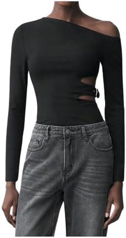 MakeMeChic Women's Off Shoulder Tops Long Sleeve Hollow Out Slim Fit Asymmetrical Going Out Blouse Shirts,M
