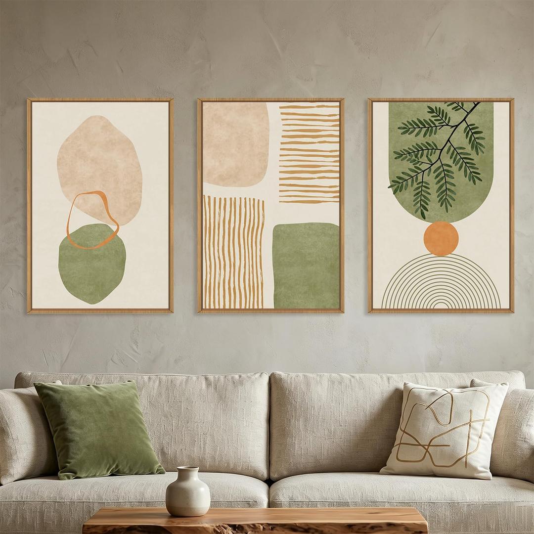 Boho Sage Green Geometric Framed Canvas Wall Art Set-24"x36"x3
