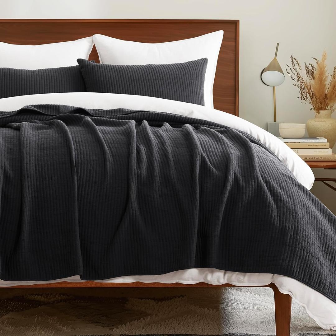Cotton Coverlet Set Full Queen Size 3 Pieces, Lightweight Soft Ribbed Matelassé Bedspread Quilt Set, Cozy Oversized Quilted Bedding Set with 2 Pillow Shams for All Seasons, Washed Black