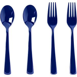 200 Count Navy Blue Plastic Silverware, Heavy Duty Disposable Cutlery Set, 100 Forks and 100 Spoons, Plastic Utensils Set for Party, Birthday, Wedding
