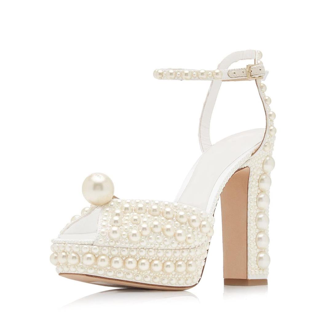 Goolita Womens Open Toe Pearl Platform Heels For Women Chunky Buckle Ankle Strap Wedding Heeled Sandals Dress Evening Bride Bridal Shoes, Size 37