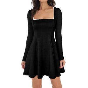 Aisbei Women's Sexy Square Neck Bodycon Mini Dress Long Sleeve Ruffle A Line Flowy Party Club Short Dress-Black L