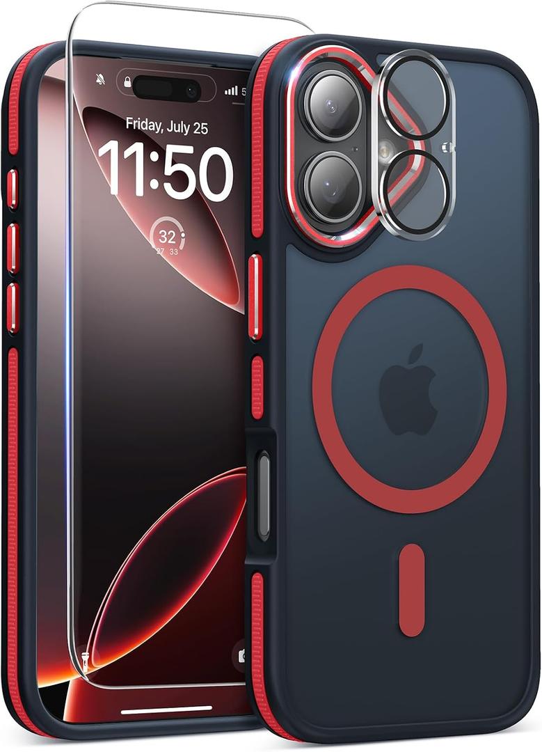 Magnetic 3 in 1 for iPhone 17 Case, [Omni-Directional Protection] with 1x Screen Protector + 1x Camera Cover, [Seamless Work with Magsafe] Translucent Protective Silm Phone Case for iPhone 17 Red