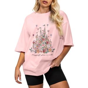 Flafens Oversized Tshirts for Women - Graphic T Shirt Loose Tees Crewneck Sleeve Top Cute Fashion Summer Pattern Print Tops, M, Castle Flower