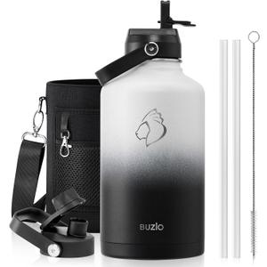 BUZIO 64oz Insulated Water Bottle with Straw Lid and Flex Cap, Stainless Steel Powder-Coat Water Flask, Keep Beverage Cold for 48 Hrs Hot for 24 Hrs Simple Thermo Canteen Mug, White and Black (Day & Night)