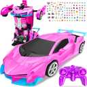 Rc Car, Remote Control Car Toys for Girls Birthday Gifts, 1:18 Pink Transform Robot Toy Cars with 360 Rotating Led Lights & One Button Deformation Transform Toys for Kids 3 4 5 6 7 8+