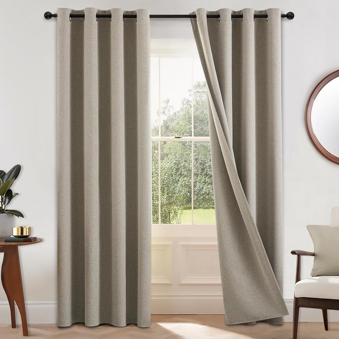 COSVIYA 100% Blackout Natural Linen Curtains & Drapes 84 Inch Length 2 Panels Set, Full Room Darkening Grommet Insulated Thermal Window Panels for Bedroom/Living Room,52x84 inches (52"W x 84"L (Pack of 2), Natural Taupe)