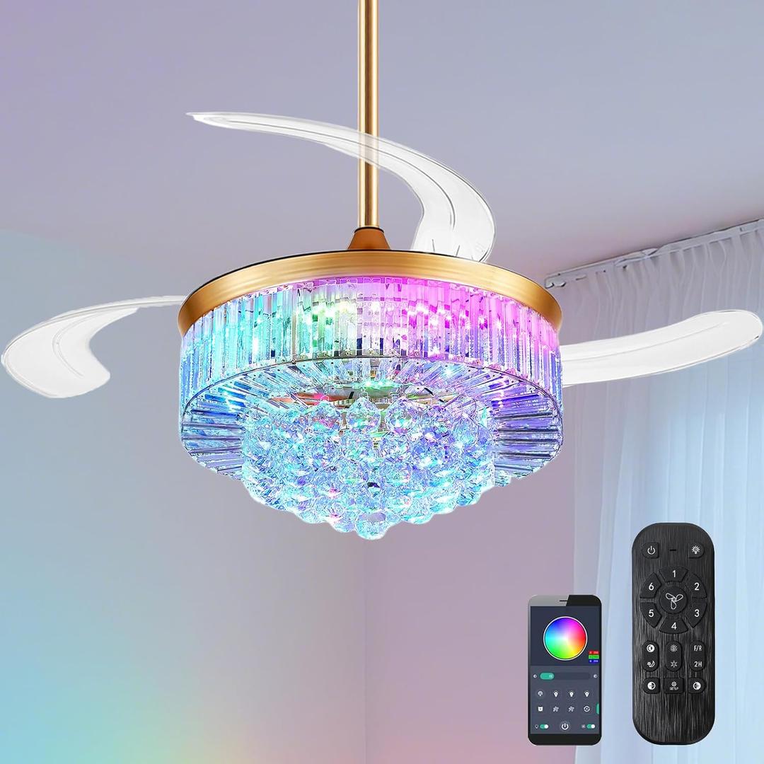 42 Inch Fandelier Ceiling Fans with Light - Retractable Crystal Ceiling Fan and Remote/APP Control, Noiseless DC Motor, RGB Dimmable Lights, Chandelier Ceiling Fan for Bedroom/Living Room Etc