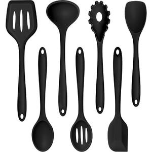 TeamFar Silicone Cooking Utensil Set of 7, Black Kitchen Nonstick Tools Turner Spoon Spatula Ladle Pasta Server for Nonstick Cookware, Healthy & One-Piece, Anti-Heat & Dishwasher Safe