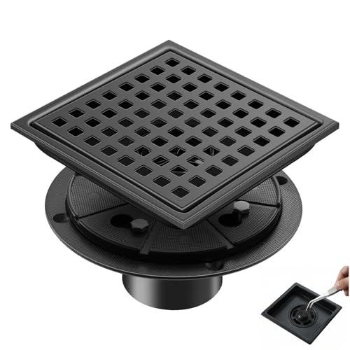Ceruleanix 6 Inch Square Shower Floor Drain, Matte Black SUS304 Steel, Removable Hair Catcher Grate with ABS Flange, High Flow Anti-Clog & Odor Prevention, Includes Cleaning Tweezer