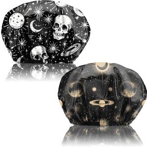 2PCS Satin Hair Bonnet Silk Bonnet for Sleeping Adjustable Double Layer Elastic Reusable Hair Caps Cute Women Girls (Ab15-black)